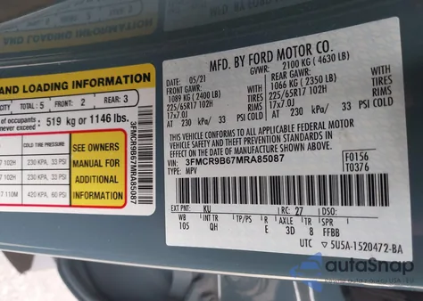 2021 Ford Bronco Sport Big Bend из США, поврежденный, VIN 3FMCR9B67MRA85087